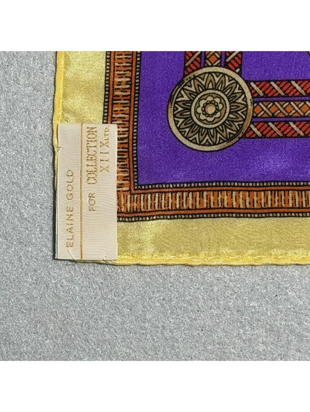 Vintage 80s Elaine Gold Silk Scarf Purple Gold Medallion Print Square Scarf